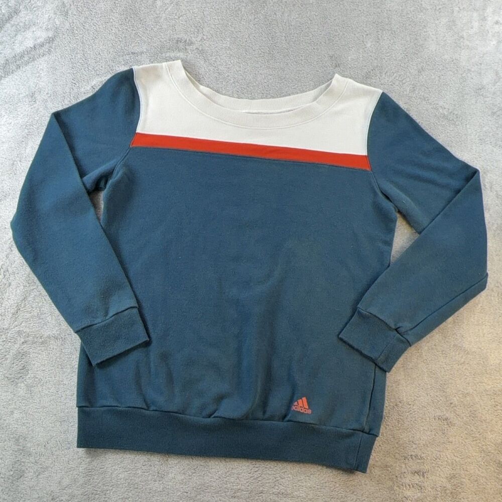adidas Sweatshirt Womens S Teal Pullover Graphic Print Logo Knit Sports Running